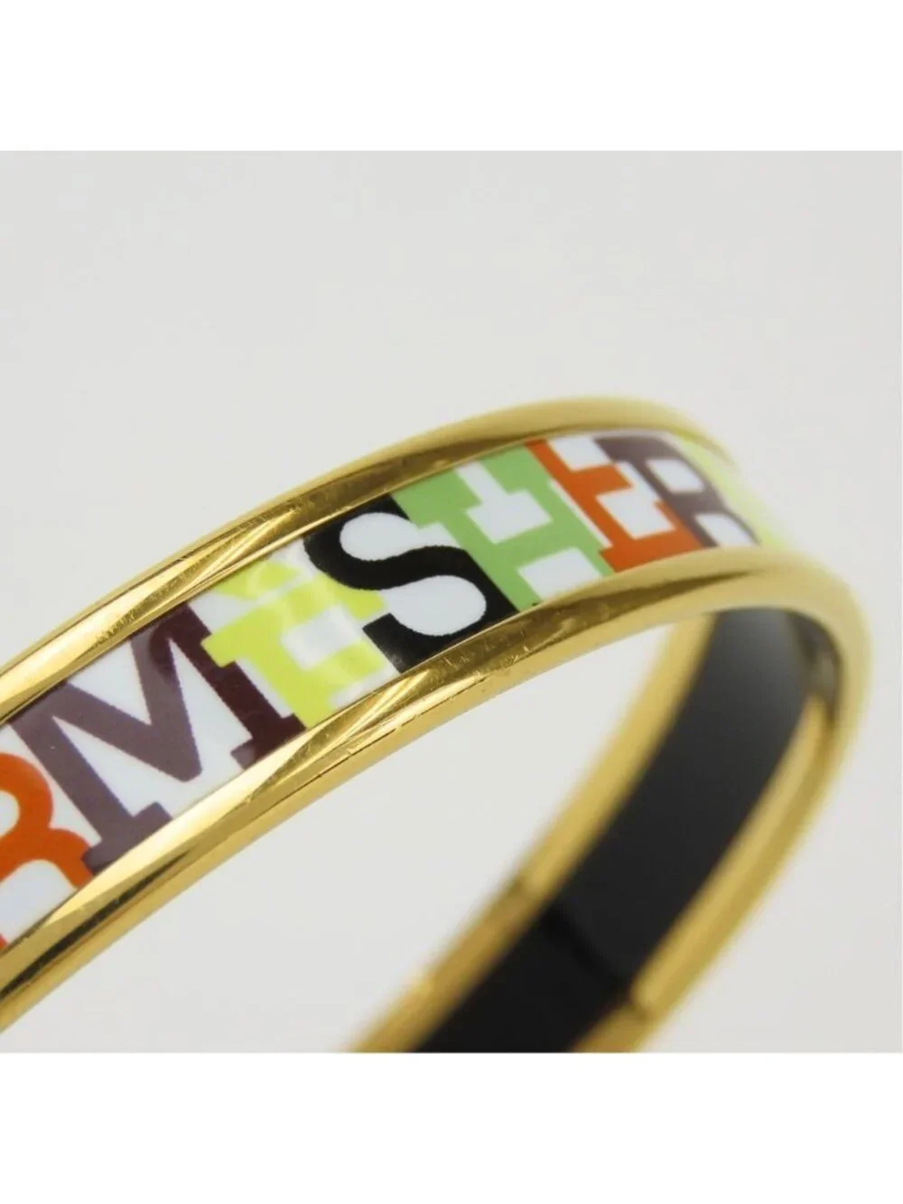 Hermes Bangle Enamel PM Metal White Multicolor Gold Cloisonne Bracelet